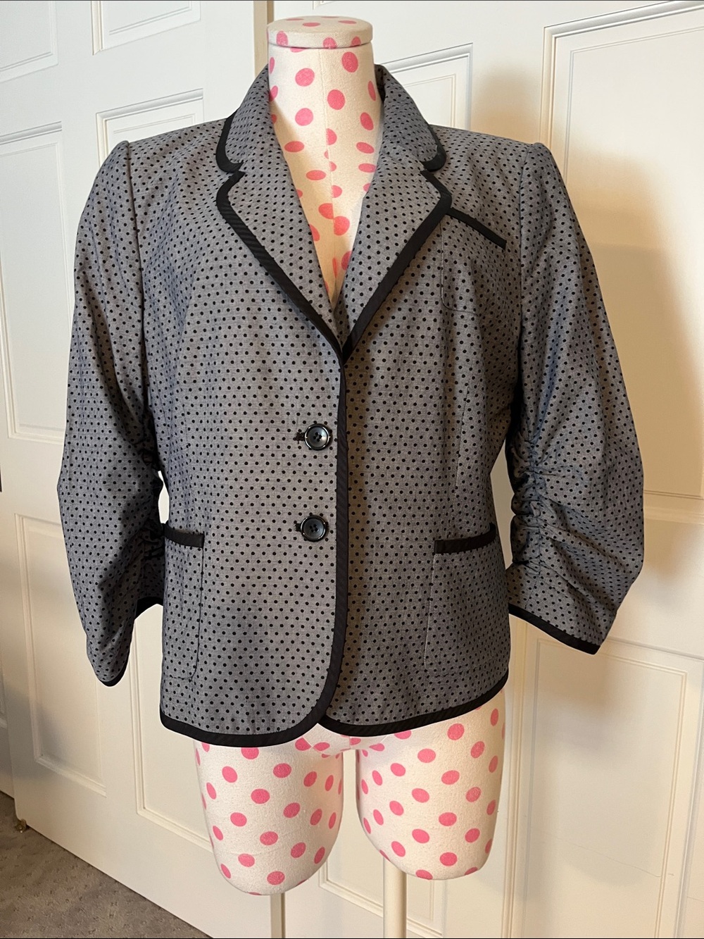 Polka Dot Grey Blazer with Black Trim